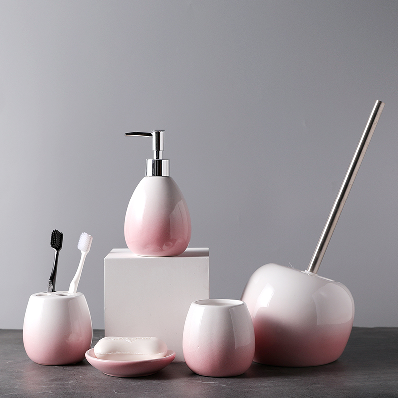 Gradient pink and white color glazed ceramic bathroom accessories