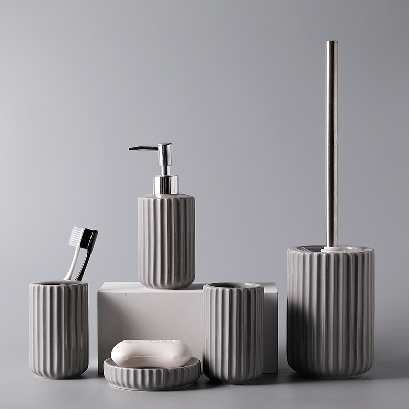 Grey Vertical Lines Ceramic Bathroom Set Accessory