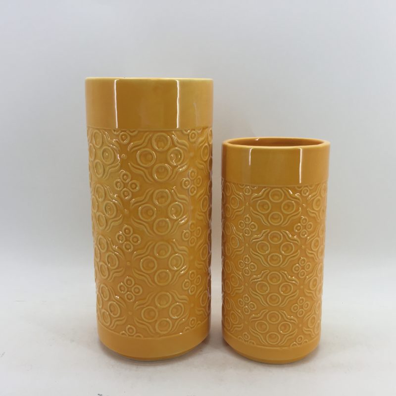 Set of 2 Orange Cylinder Ceramic Tall Flower Vase