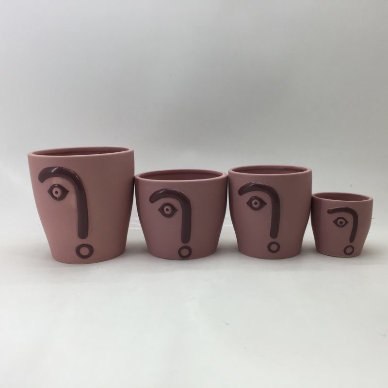 Set of 4 Pink Half Face Head Ceramic Flower Pots